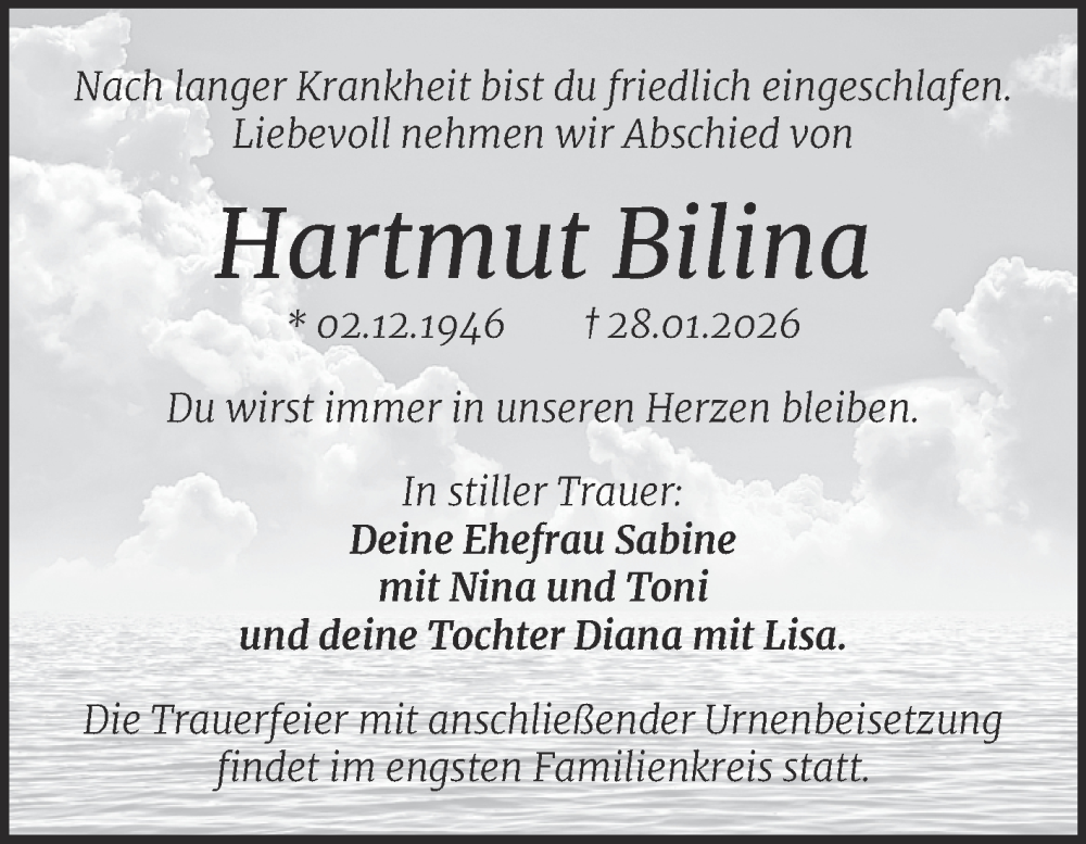  Traueranzeige für Hartmut Bilina vom 07.02.2026 aus Mitteldeutsche Zeitung Halle/Saalkreis