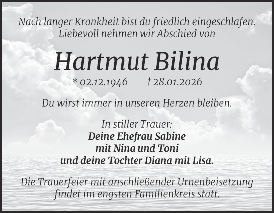 Traueranzeige von Hartmut Bilina von Mitteldeutsche Zeitung Halle/Saalkreis
