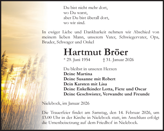 Traueranzeige von Hartmut Bröer 