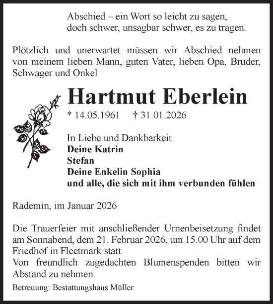 Traueranzeige von Hartmut Eberlein von Volksstimme Altmark West