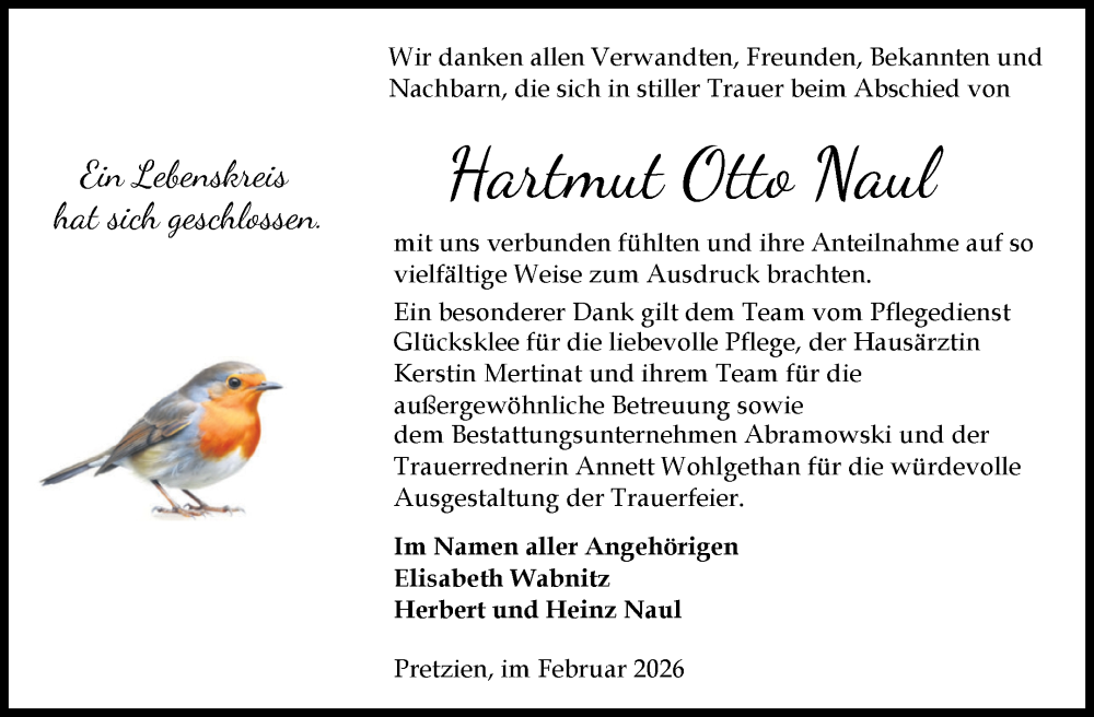  Traueranzeige für Hartmut Otto Naul vom 21.02.2026 aus Volksstimme Schönebeck