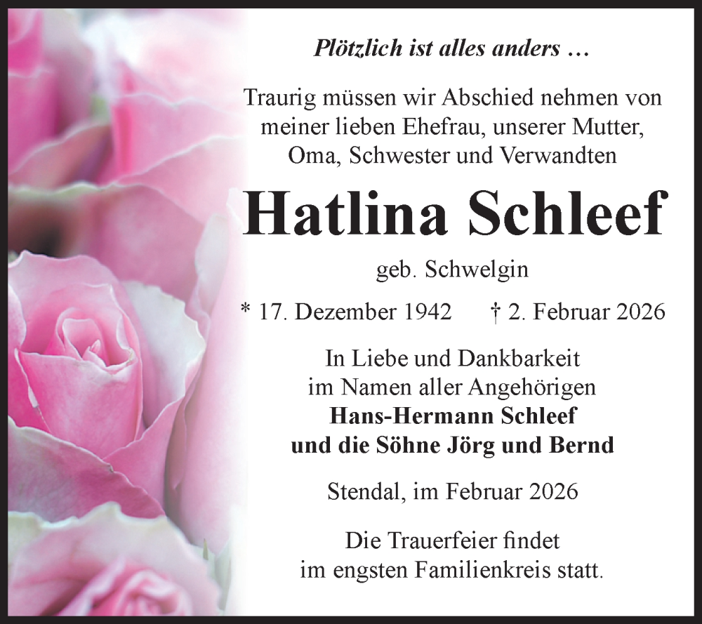  Traueranzeige für Hatlina Schleef vom 14.02.2026 aus Volksstimme Altmark Ost