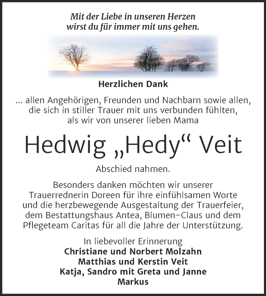  Traueranzeige für Hedwig Veit vom 14.02.2026 aus Trauerkombi Bitterfeld