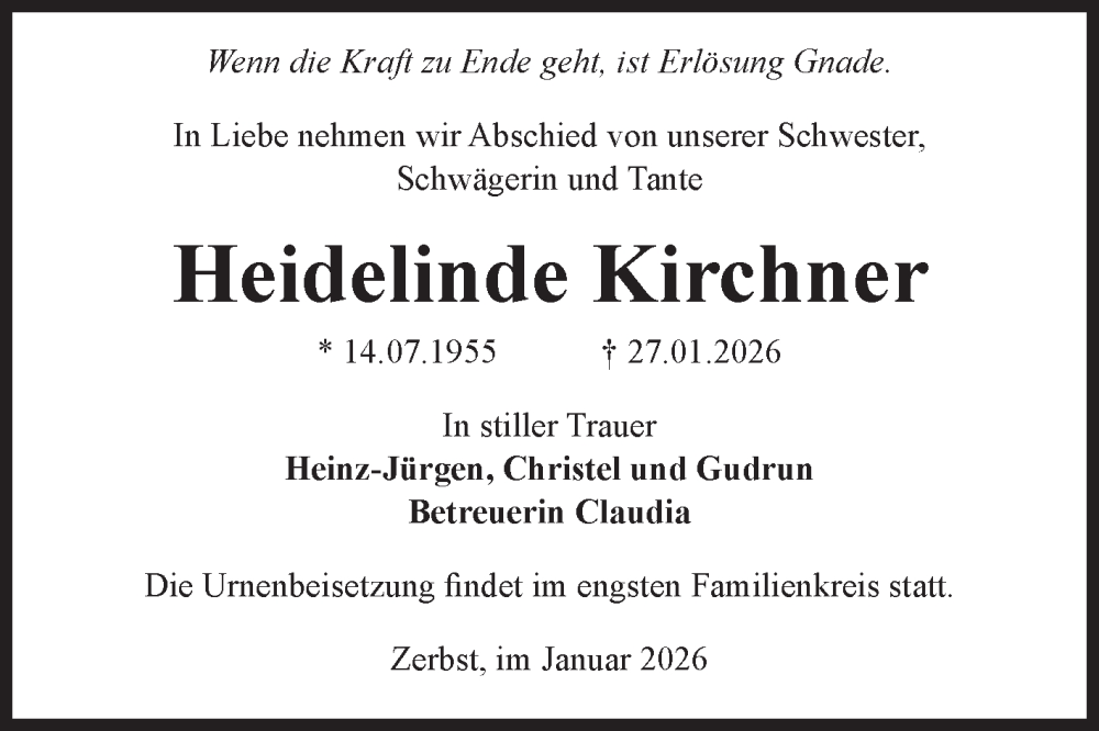 Traueranzeige für Heidelinde Kirchner vom 07.02.2026 aus Volksstimme Zerbst