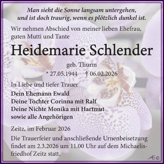 Traueranzeige von Heidemarie Schlender von Trauerkombi Zeitz