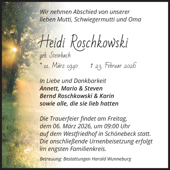 Traueranzeige von Heidi Roschkowski von Volksstimme Schönebeck