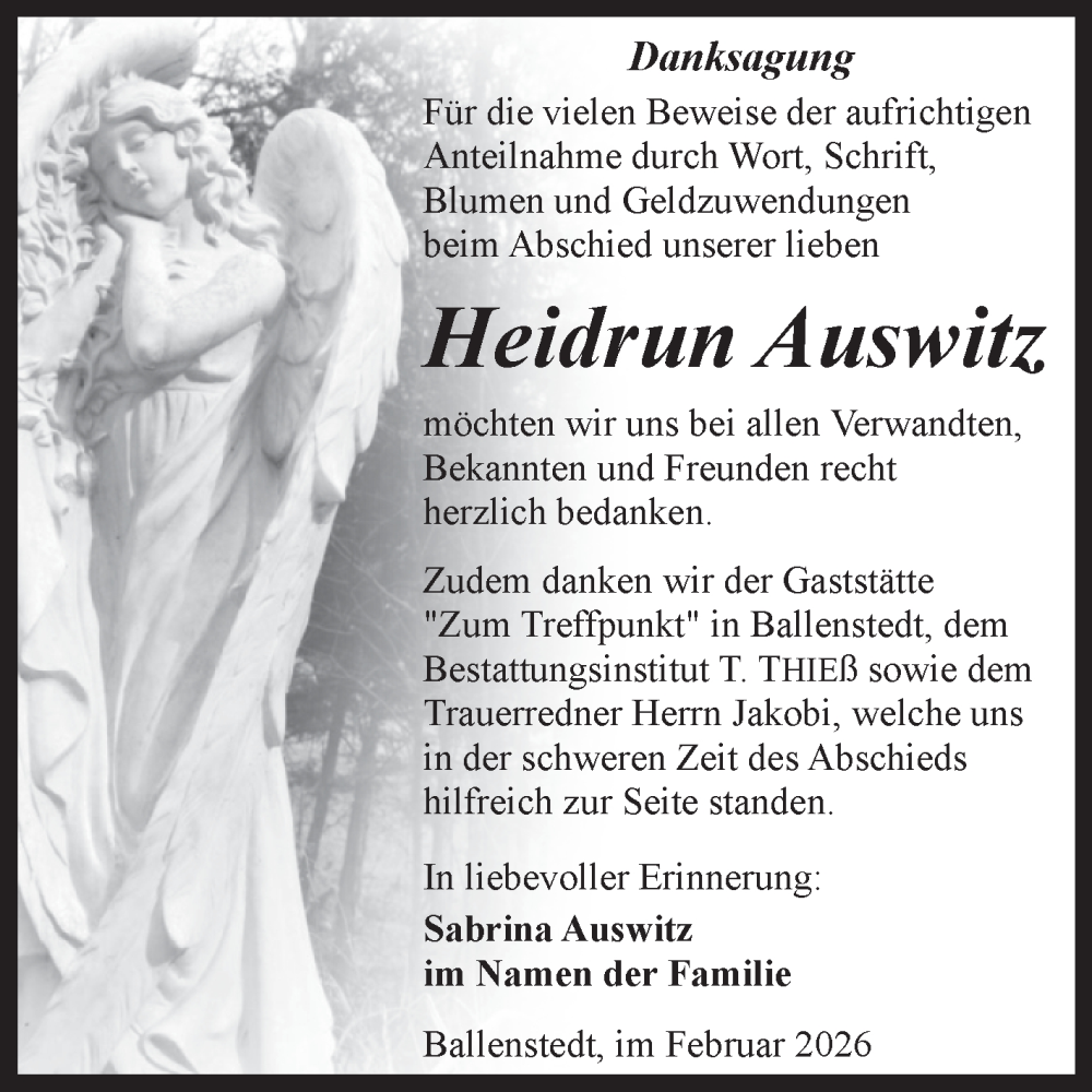  Traueranzeige für Heidrun Auswitz vom 07.02.2026 aus Trauerkombi Quedlinburg