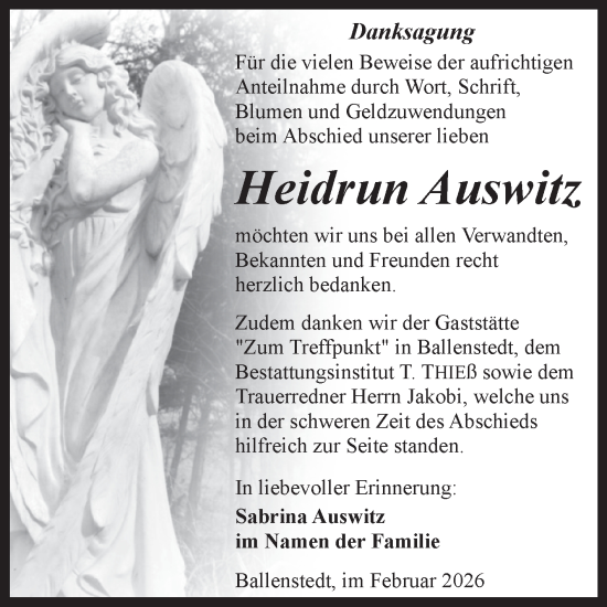 Traueranzeige von Heidrun Auswitz von Trauerkombi Quedlinburg