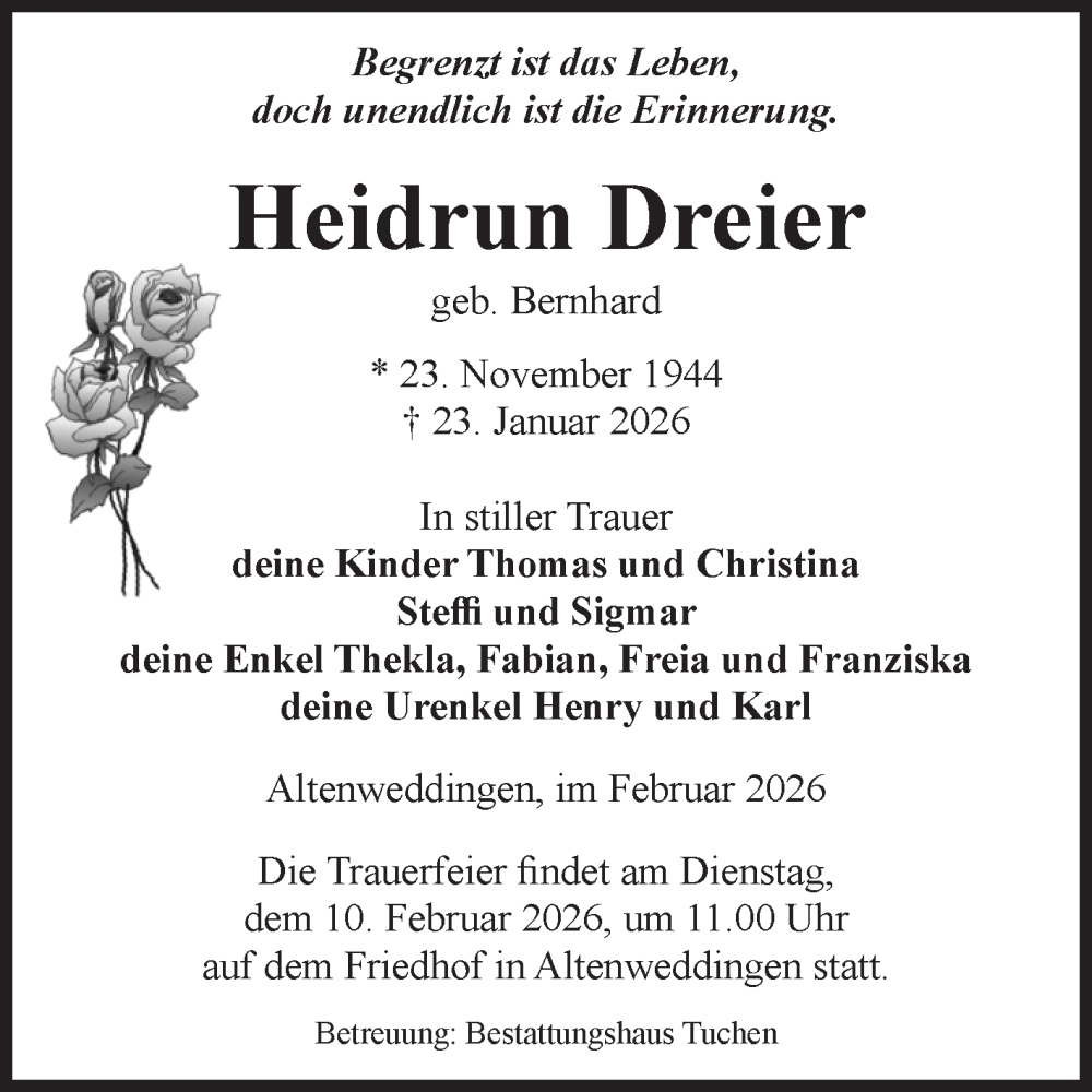  Traueranzeige für Heidrun Dreier vom 07.02.2026 aus Volksstimme Oschersleben/Wanzleben