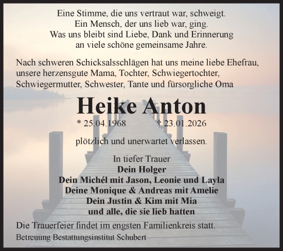 Traueranzeige von Heike Anton von Volksstimme Oschersleben/Wanzleben