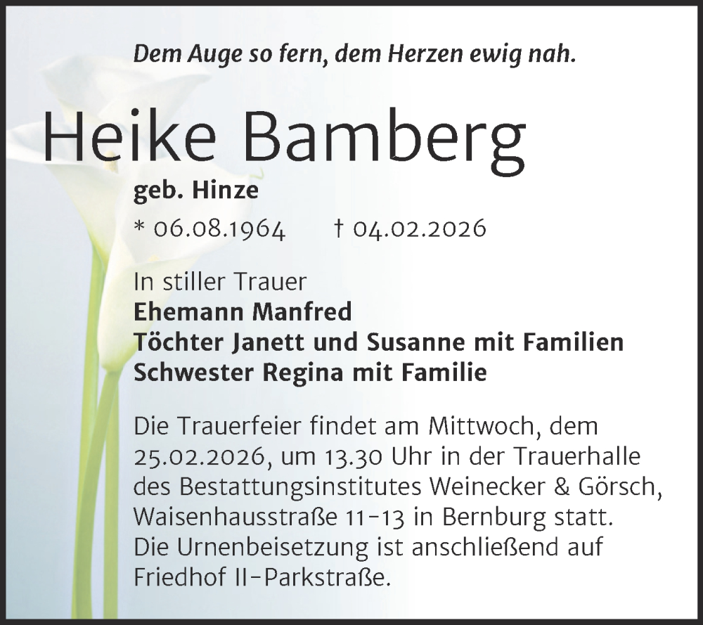  Traueranzeige für Heike Bamberg vom 14.02.2026 aus Trauerkombi Bernburg