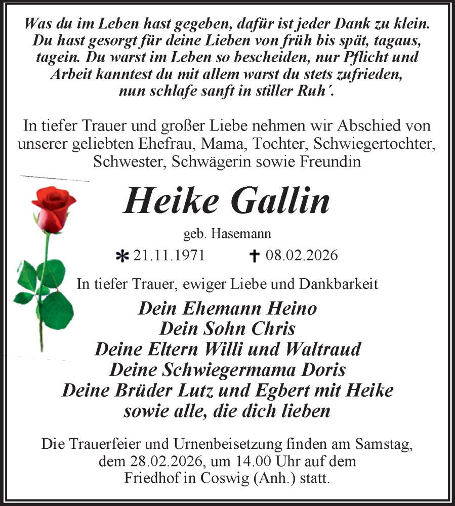  Traueranzeige für Heike Gallin vom 21.02.2026 aus Trauerkombi Wittenberg