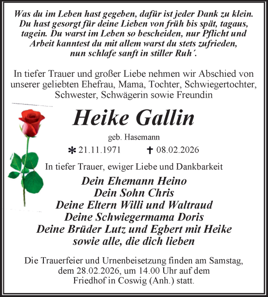 Traueranzeige von Heike Gallin von Trauerkombi Wittenberg