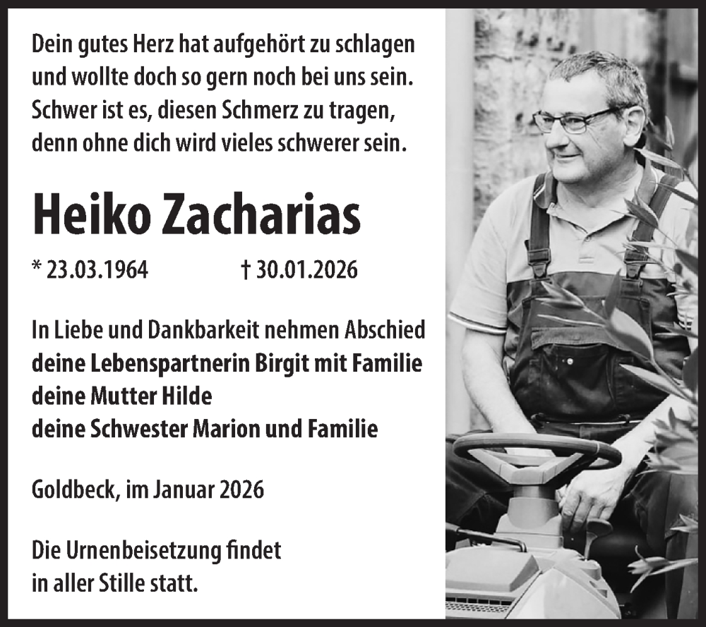  Traueranzeige für Heiko Zacharias vom 07.02.2026 aus Volksstimme Altmark Ost
