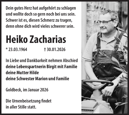 Traueranzeige von Heiko Zacharias von Volksstimme Altmark Ost