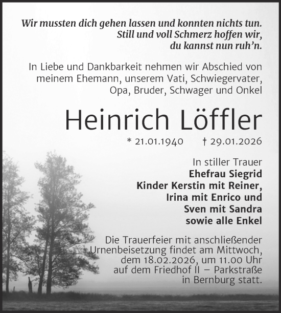 Traueranzeige von Heinrich Löffler von Trauerkombi Bernburg