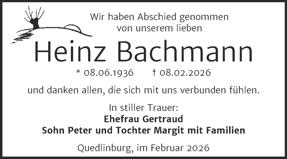  Traueranzeige für Heinz Bachmann vom 21.02.2026 aus Trauerkombi Quedlinburg