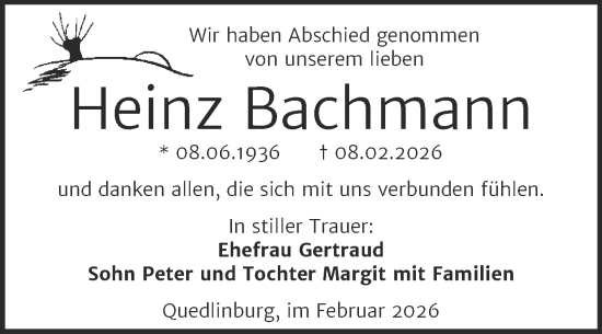 Traueranzeige von Heinz Bachmann von Trauerkombi Quedlinburg