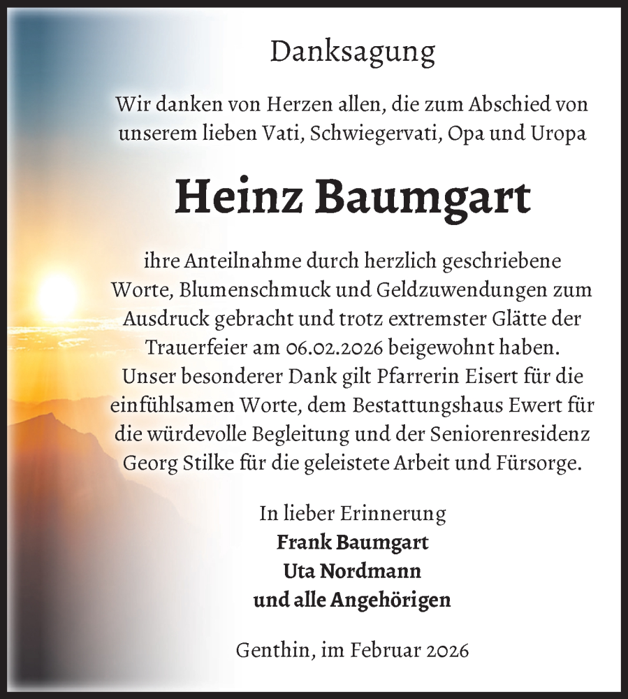  Traueranzeige für Heinz Baumgart vom 14.02.2026 aus Volksstimme Burg/Genthin