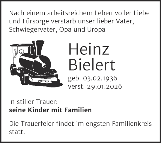 Traueranzeige von Heinz Bielert von Trauerkombi Mansfelder Land