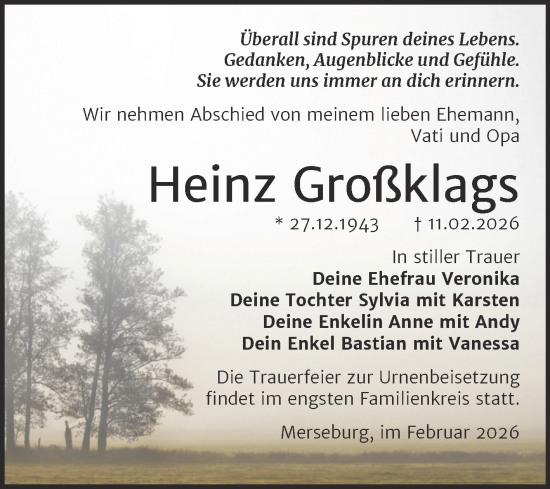 Traueranzeige von Heinz Großklags von Trauerkombi Merseburg