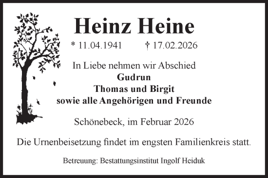 Traueranzeige von Heinz Heine von Volksstimme Schönebeck