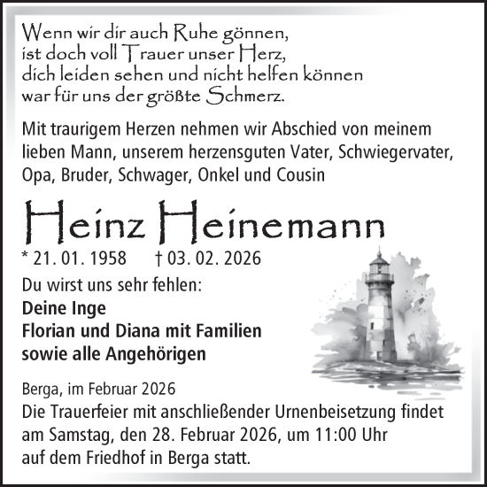 Traueranzeige von Heinz Heinemann von Trauerkombi Sangerhausen