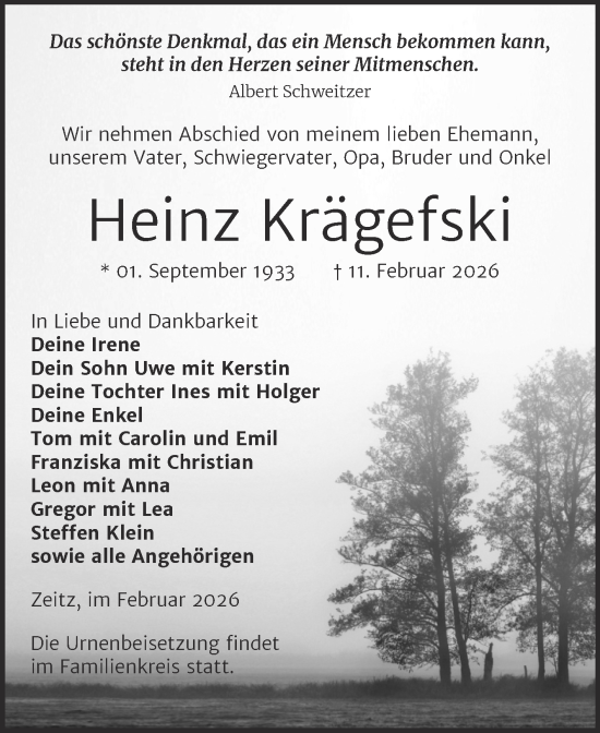 Traueranzeige von Heinz Krägefski von Trauerkombi Zeitz