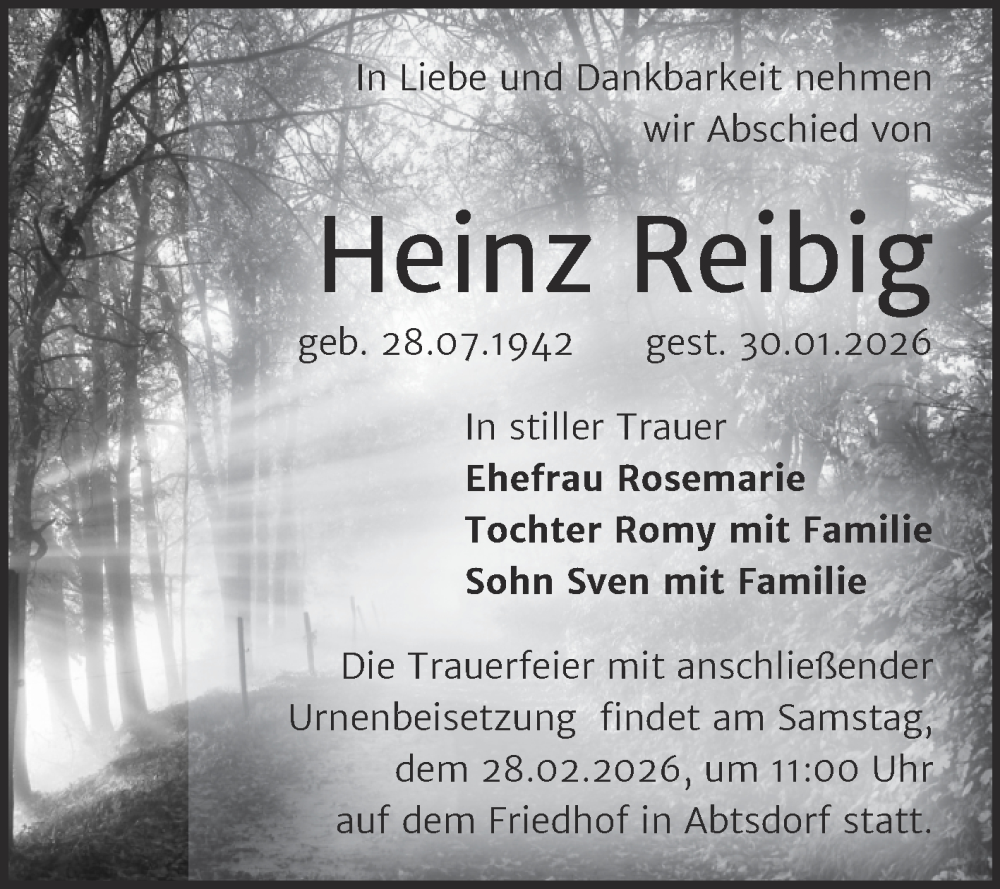  Traueranzeige für Heinz Reibig vom 07.02.2026 aus Trauerkombi Wittenberg