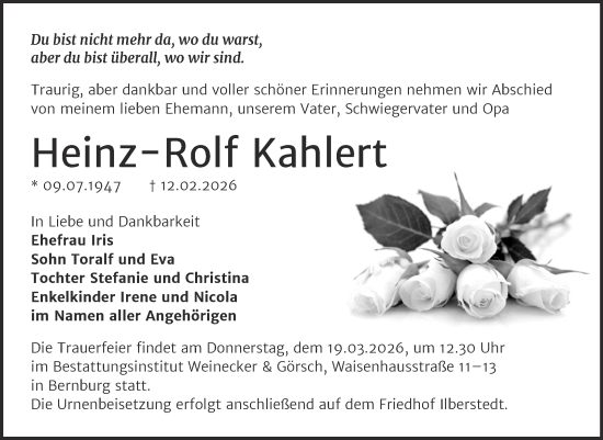 Traueranzeige von Heinz-Rolf Kahlert von Trauerkombi Bernburg