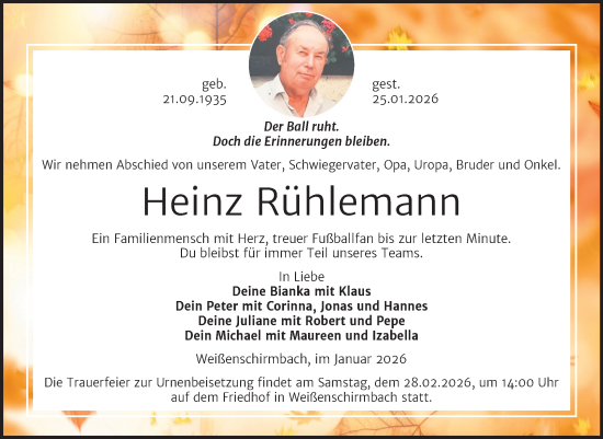 Traueranzeige von Heinz Rühlemann von Trauerkombi Merseburg