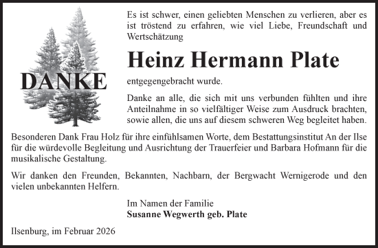 Traueranzeige von Heinz Hermann Plate von Volksstimme Wernigerode