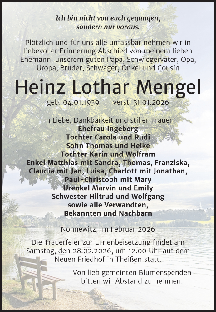  Traueranzeige für Heinz Lothar Mengel vom 07.02.2026 aus Trauerkombi Zeitz
