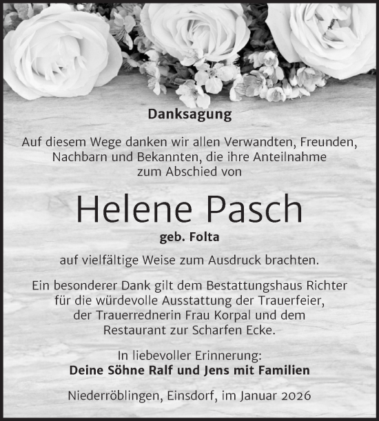 Traueranzeige von Helene Pasch von Trauerkombi Sangerhausen
