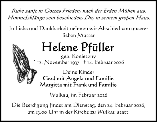 Traueranzeige von Helene Pfüller von Volksstimme Altmark Ost