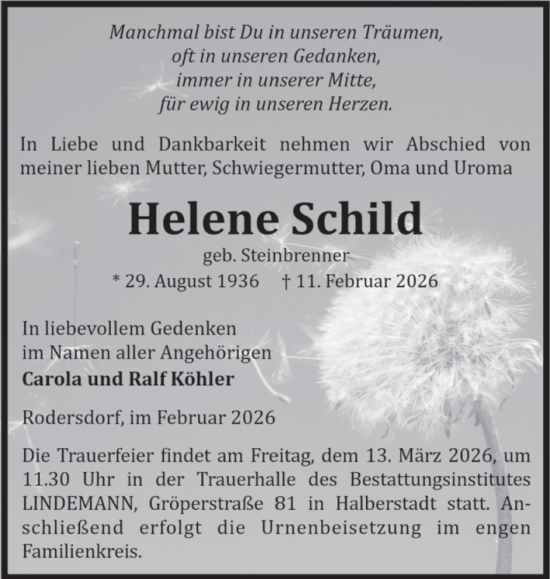 Traueranzeige von Helene Schild von Volksstimme Halberstadt