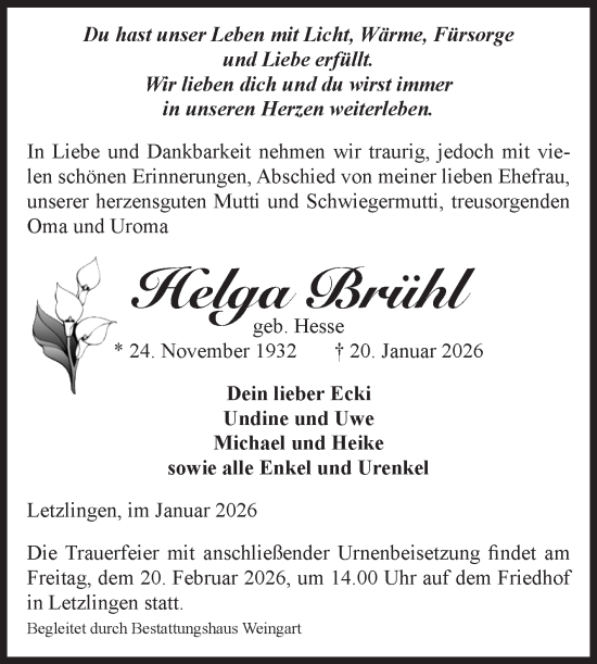 Traueranzeige von Helga Brühl von Volksstimme Altmark West