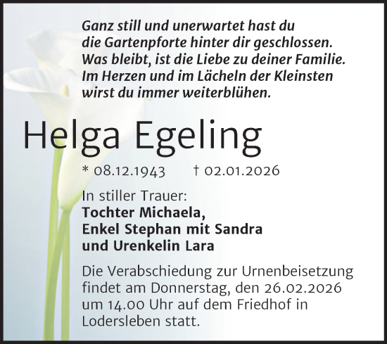 Traueranzeige von Helga Egeling von Trauerkombi Merseburg