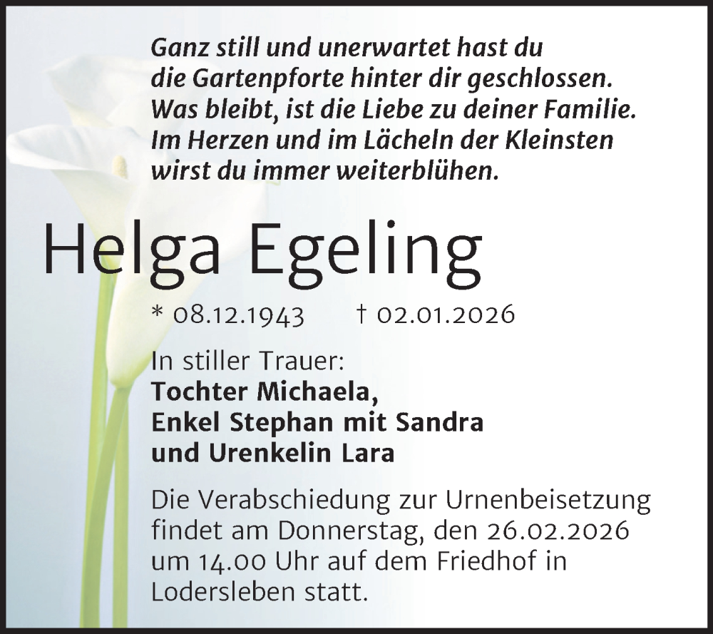  Traueranzeige für Helga Egeling vom 21.02.2026 aus Trauerkombi Merseburg