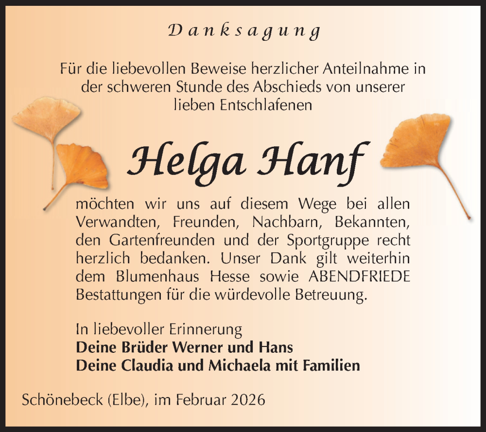  Traueranzeige für Helga Hanf vom 07.02.2026 aus Volksstimme Schönebeck