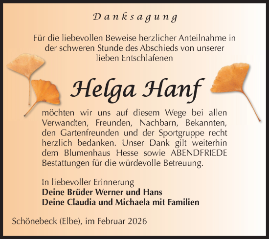 Traueranzeige von Helga Hanf von Volksstimme Schönebeck