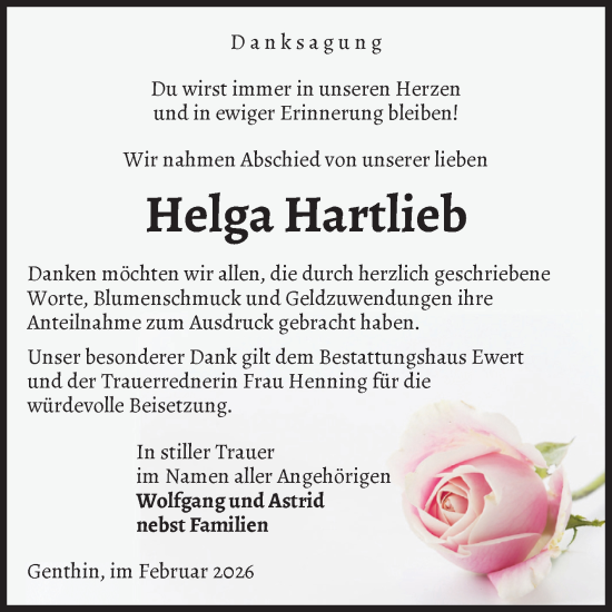 Traueranzeige von Helga Hartlieb von Volksstimme Burg/Genthin