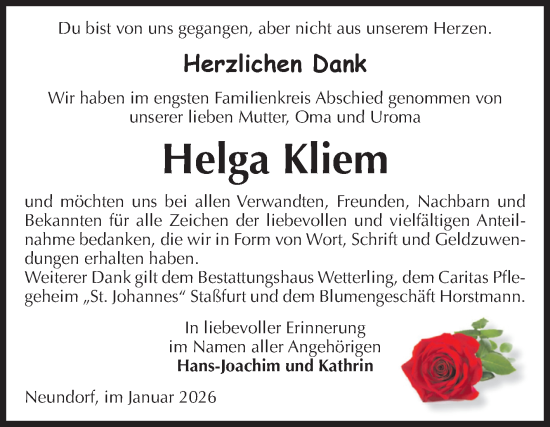 Traueranzeige von Helga Kliem von Volksstimme Staßfurt