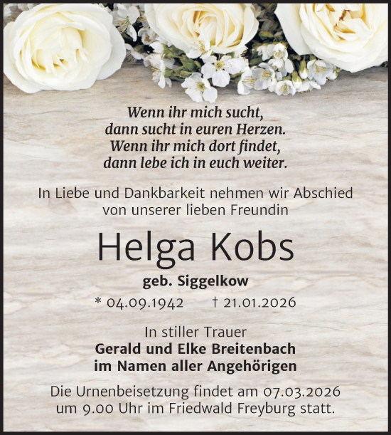 Traueranzeige von Helga Kobs von Mitteldeutsche Zeitung Halle/Saalkreis