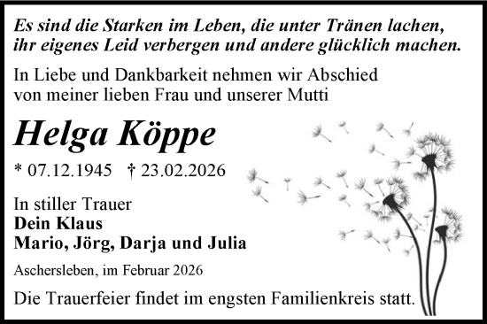 Traueranzeige von Helga Köppe von Trauerkombi Aschersleben