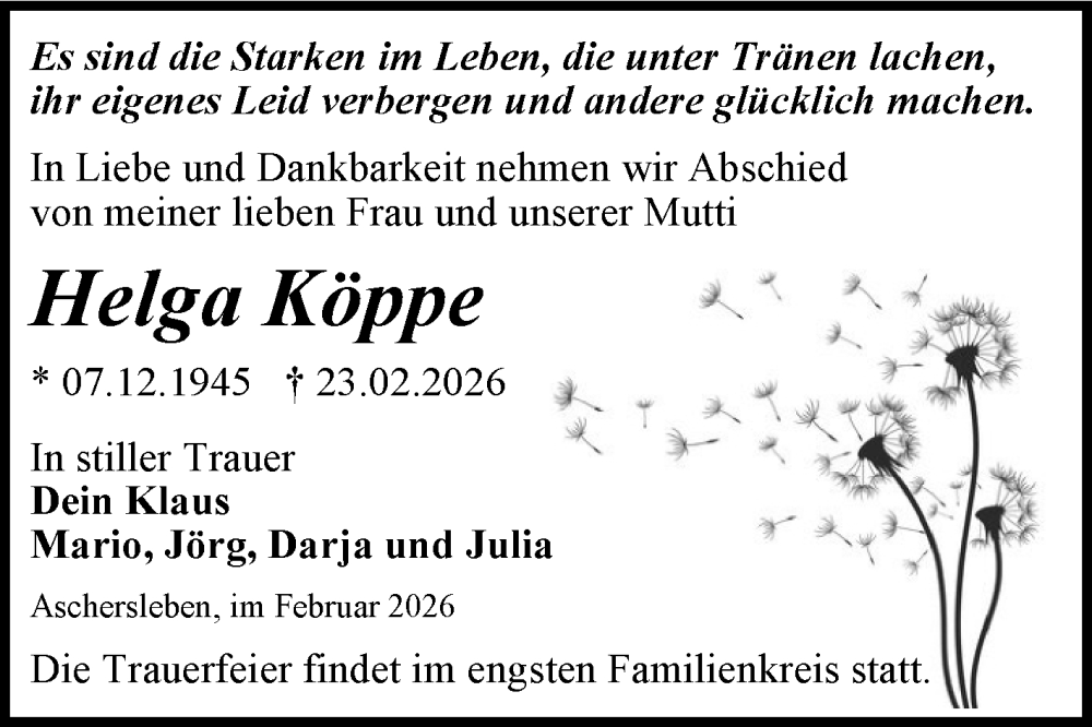  Traueranzeige für Helga Köppe vom 28.02.2026 aus Trauerkombi Aschersleben