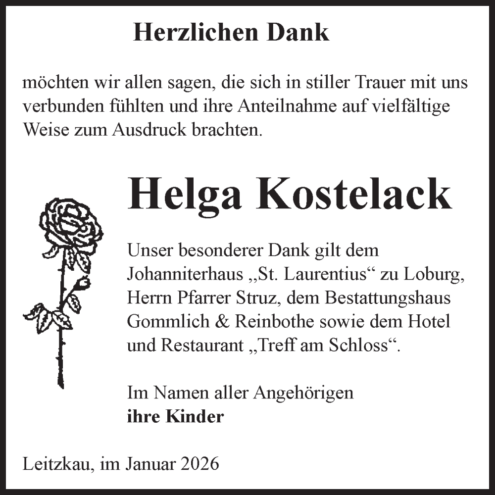  Traueranzeige für Helga Kostelack vom 07.02.2026 aus Volksstimme Zerbst