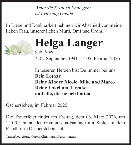Traueranzeige von Helga Langer von Volksstimme Oschersleben/Wanzleben