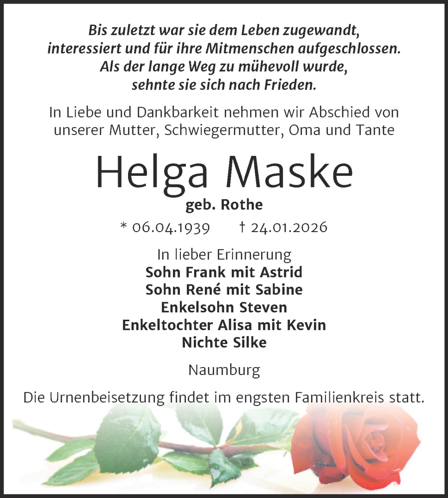  Traueranzeige für Helga Maske vom 07.02.2026 aus Super Sonntag Naumburg/Nebra