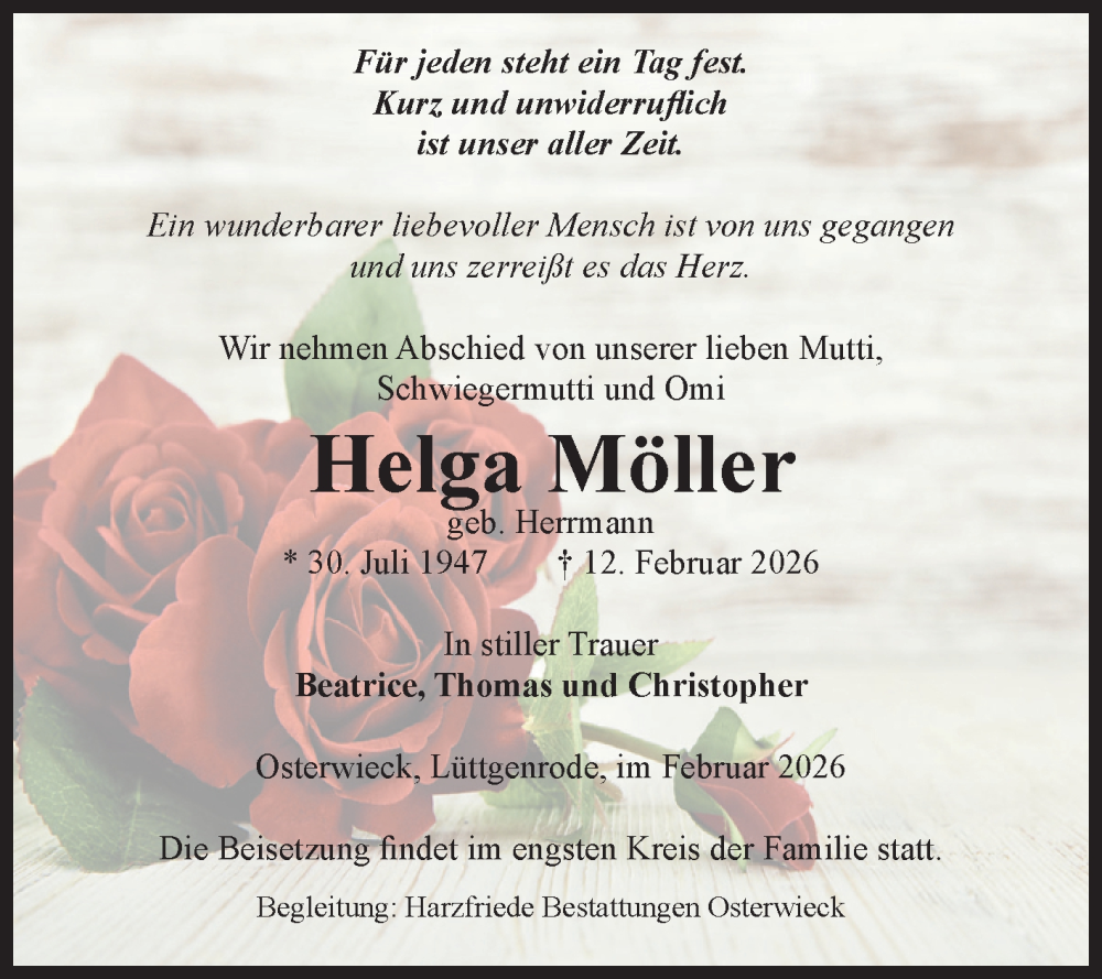  Traueranzeige für Helga Möller vom 21.02.2026 aus Volksstimme Halberstadt